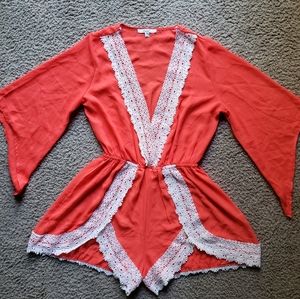 Papaya Crochet Coral Boho Romper